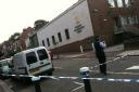 Bishops Road was cordoned off outside the Highate Magistrates Court after the violence yesterday.