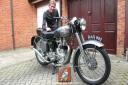 Borehamwood Biker Robin Slinger with his 1953 Royal Enfield 350cc and Busy Bee Trophy