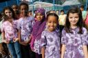 Students at Lea Valley Primary School with their homemade tie-dye t-shirts on