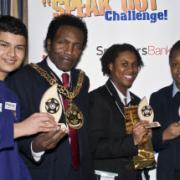 Competition winners Patrick Velastegui, Kimberly Thompson, and Kiterie Cassell  with Haringey mayor Councillor Eddie Griffith