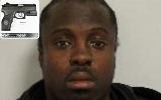 Marcus Adepoju and the gun he used to try and kill a man over a £3.50 drugs debt