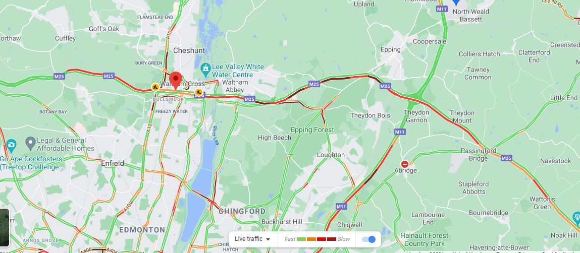 Live traffic map of the M25 this morning. The dark red lines indicate where traffic is heaviest. The red marker is near where the crash took place. Credit: Google