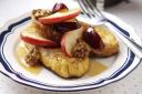 Pain perdu with caramelised Pink Lady apple wedges, plums and walnuts